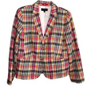 Talbots Jacket Blazer Womens 12 Pink Plaid Linen 2 Button Pockets Lined Preppy